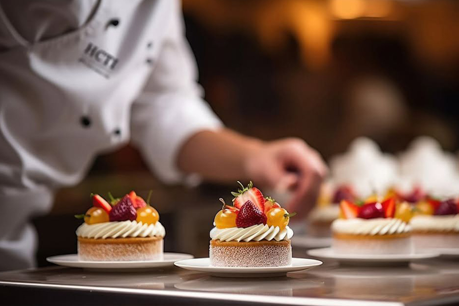 HCTI chef plating individual fruit tarts topped with strawberries, grapes, and whipped cream